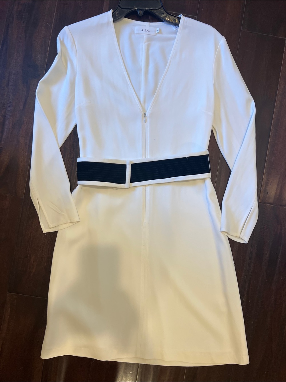 A.L.C. White Long-Sleeve V-Neck Dress with white or Black Contrast Belt